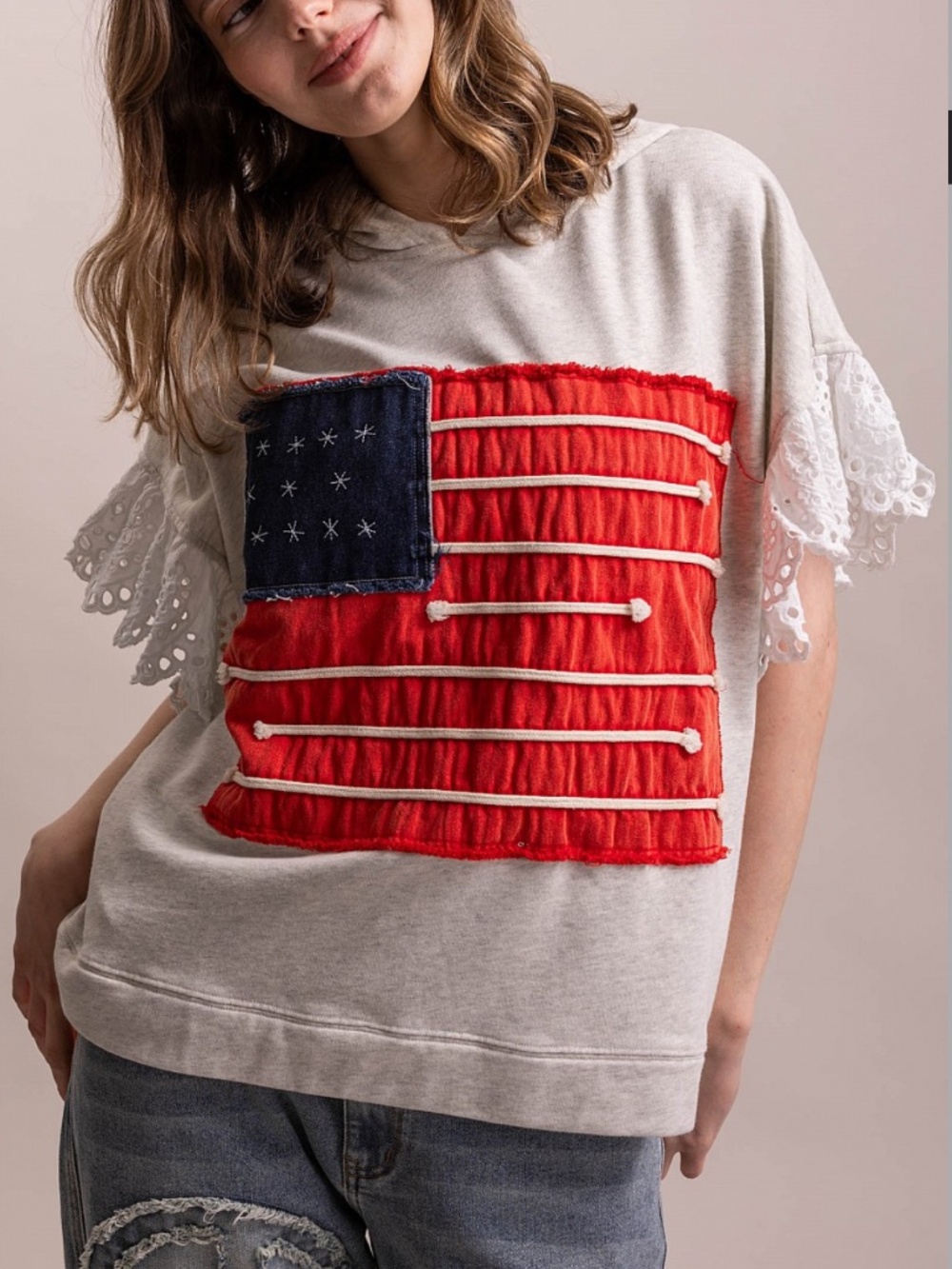 ❤️ BLUE VELVET “USA“ BLUE VELVET SHORT RUFFLE SLEEVE AMERICAN FLAG HOODIE TOP 27 - Picture 2 of 8